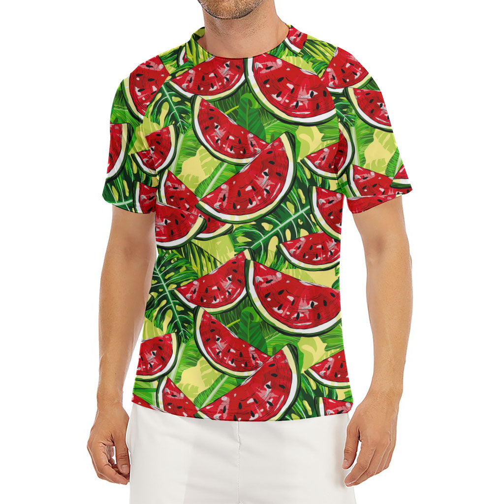 Tropical Leaves Watermelon Pattern Print Men's Short Sleeve Rash Guard