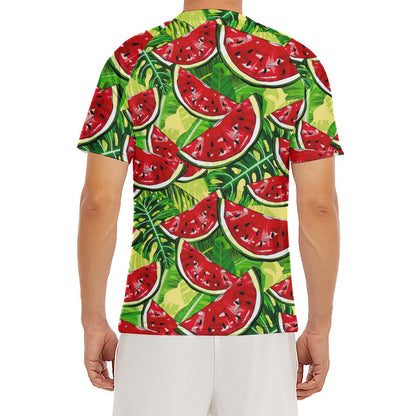 Tropical Leaves Watermelon Pattern Print Men's Short Sleeve Rash Guard