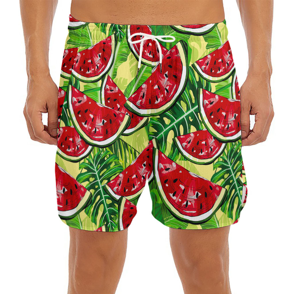 Tropical Leaves Watermelon Pattern Print Men's Split Running Shorts