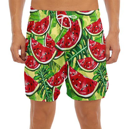Tropical Leaves Watermelon Pattern Print Men's Split Running Shorts