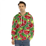 Tropical Leaves Watermelon Pattern Print Men's Velvet Pullover Hoodie