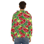Tropical Leaves Watermelon Pattern Print Men's Velvet Pullover Hoodie