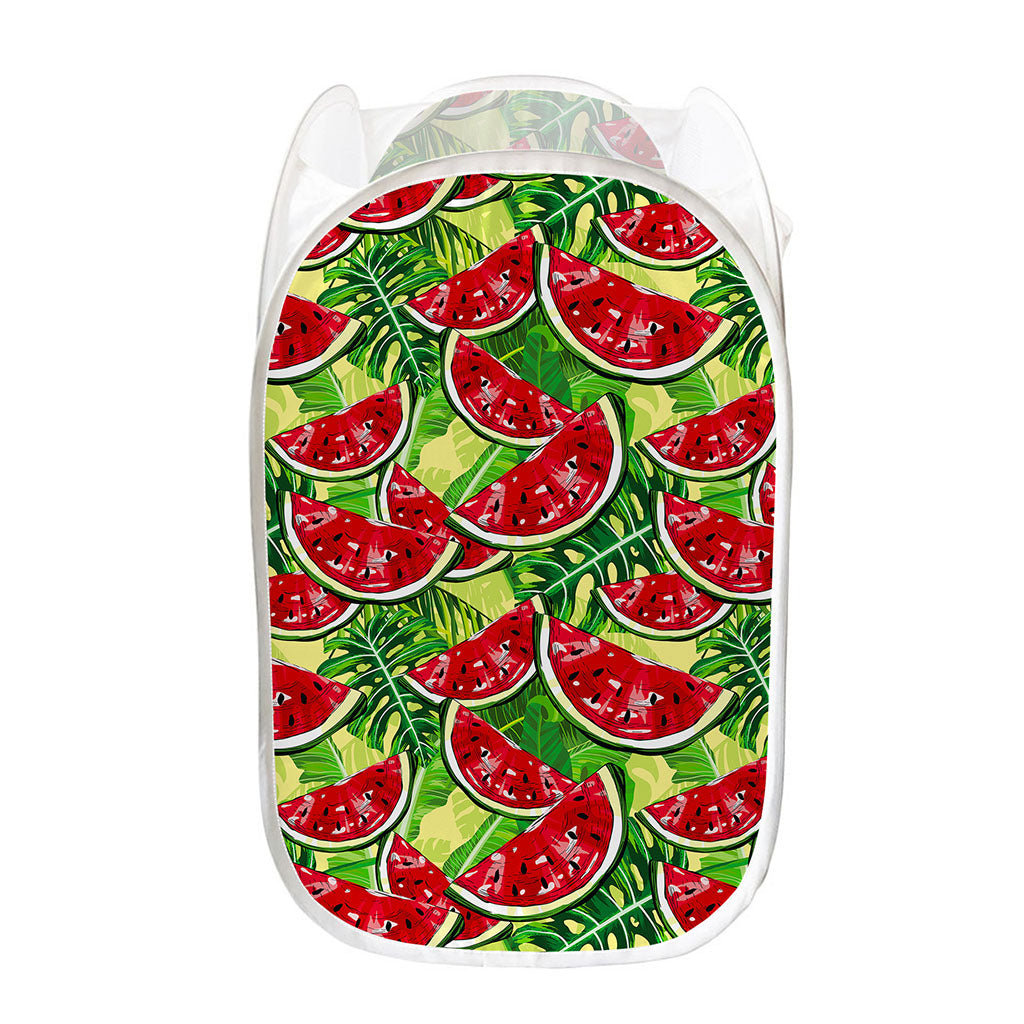 Tropical Leaves Watermelon Pattern Print Mesh Laundry Hamper