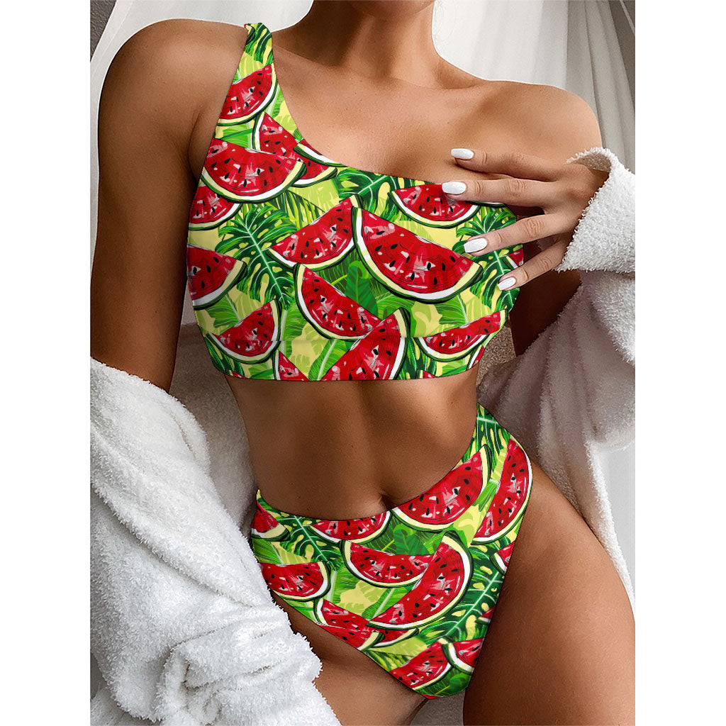 Tropical Leaves Watermelon Pattern Print One Shoulder Bikini Top