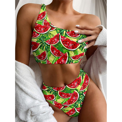 Tropical Leaves Watermelon Pattern Print One Shoulder Bikini Top