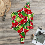 Tropical Leaves Watermelon Pattern Print One Shoulder Bodysuit