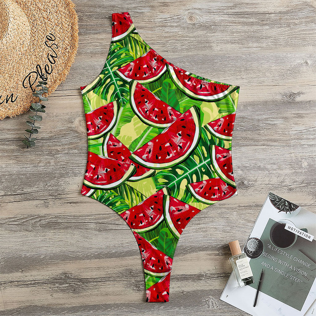 Tropical Leaves Watermelon Pattern Print One Shoulder Bodysuit