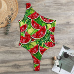 Tropical Leaves Watermelon Pattern Print One Shoulder Bodysuit