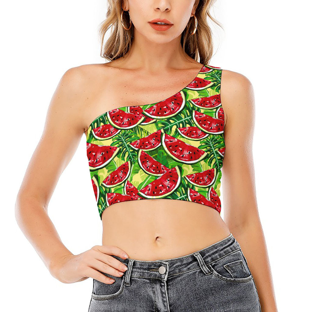 Tropical Leaves Watermelon Pattern Print One Shoulder Crop Top
