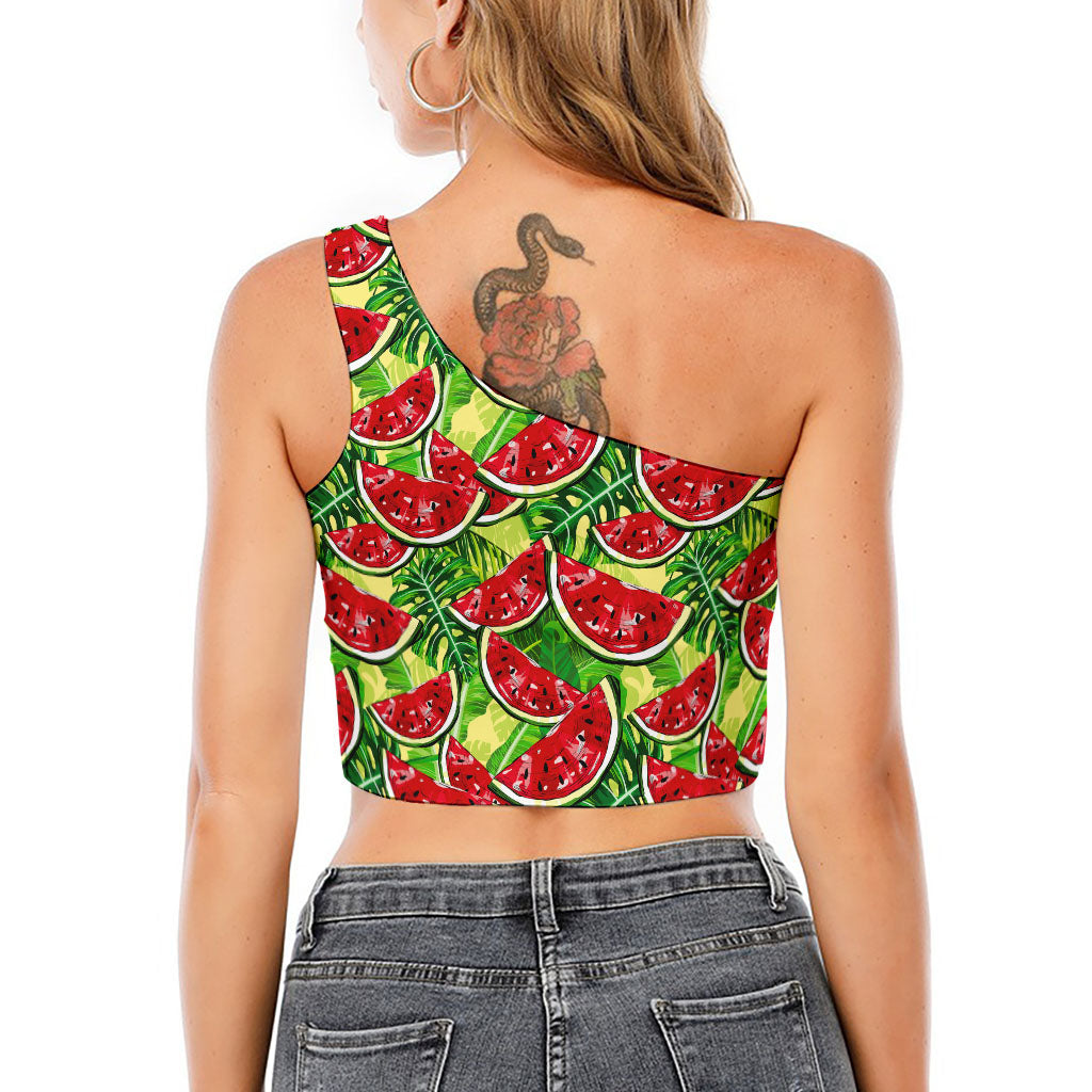 Tropical Leaves Watermelon Pattern Print One Shoulder Crop Top
