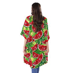 Tropical Leaves Watermelon Pattern Print Open Front Beach Cover Up