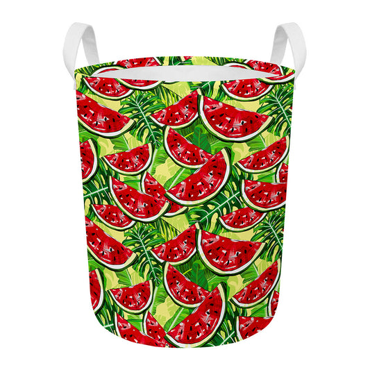 Tropical Leaves Watermelon Pattern Print Round Laundry Basket