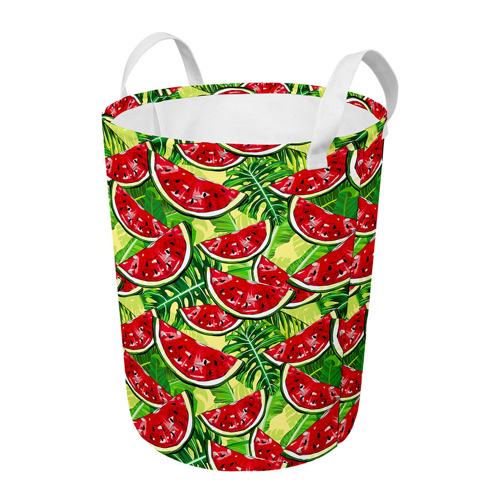 Tropical Leaves Watermelon Pattern Print Round Laundry Basket