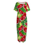 Tropical Leaves Watermelon Pattern Print Short Sleeve Long Nightdress