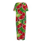 Tropical Leaves Watermelon Pattern Print Short Sleeve Long Nightdress