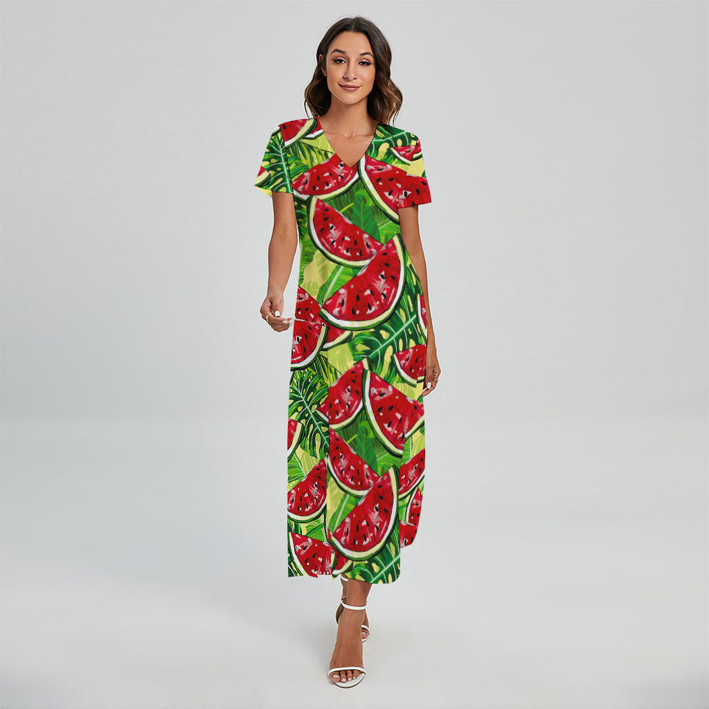 Tropical Leaves Watermelon Pattern Print Short Sleeve Maxi Dress