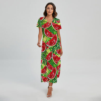 Tropical Leaves Watermelon Pattern Print Short Sleeve Maxi Dress