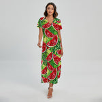 Tropical Leaves Watermelon Pattern Print Short Sleeve Maxi Dress