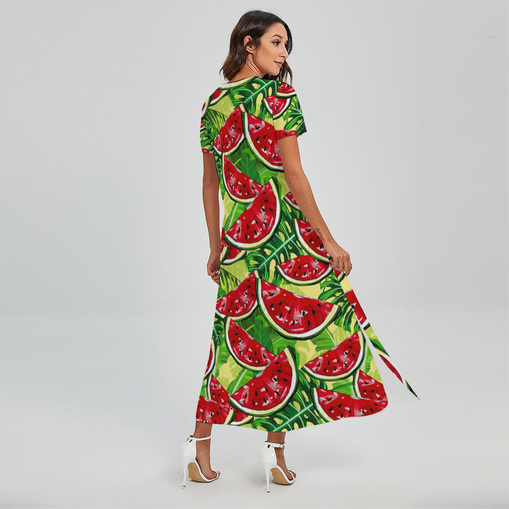 Tropical Leaves Watermelon Pattern Print Short Sleeve Maxi Dress