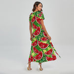 Tropical Leaves Watermelon Pattern Print Short Sleeve Maxi Dress