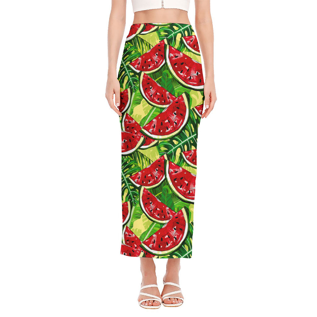 Tropical Leaves Watermelon Pattern Print Side Slit Maxi Skirt