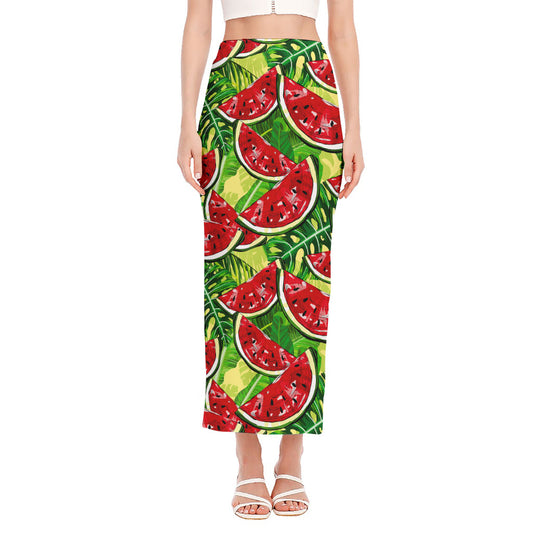 Tropical Leaves Watermelon Pattern Print Side Slit Maxi Skirt