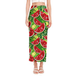 Tropical Leaves Watermelon Pattern Print Side Slit Maxi Skirt