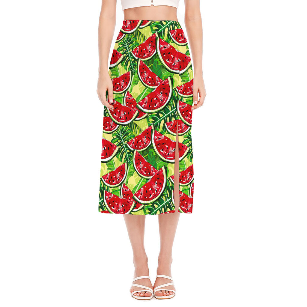 Tropical Leaves Watermelon Pattern Print Side Slit Midi Skirt