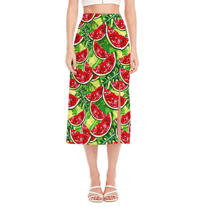Tropical Leaves Watermelon Pattern Print Side Slit Midi Skirt