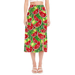 Tropical Leaves Watermelon Pattern Print Side Slit Midi Skirt