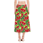 Tropical Leaves Watermelon Pattern Print Side Slit Midi Skirt