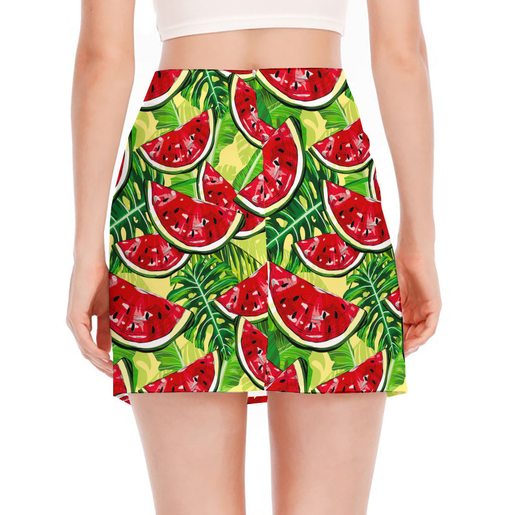 Tropical Leaves Watermelon Pattern Print Side Slit Mini Skirt