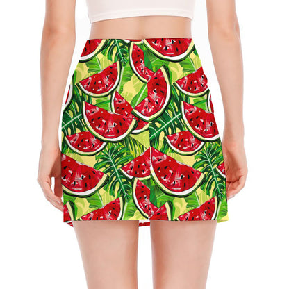 Tropical Leaves Watermelon Pattern Print Side Slit Mini Skirt