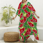 Tropical Leaves Watermelon Pattern Print Silk V-Neck Kaftan Dress