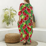 Tropical Leaves Watermelon Pattern Print Silk V-Neck Kaftan Dress