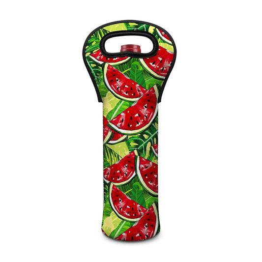 Tropical Leaves Watermelon Pattern Print Single Neoprene Wine Tote