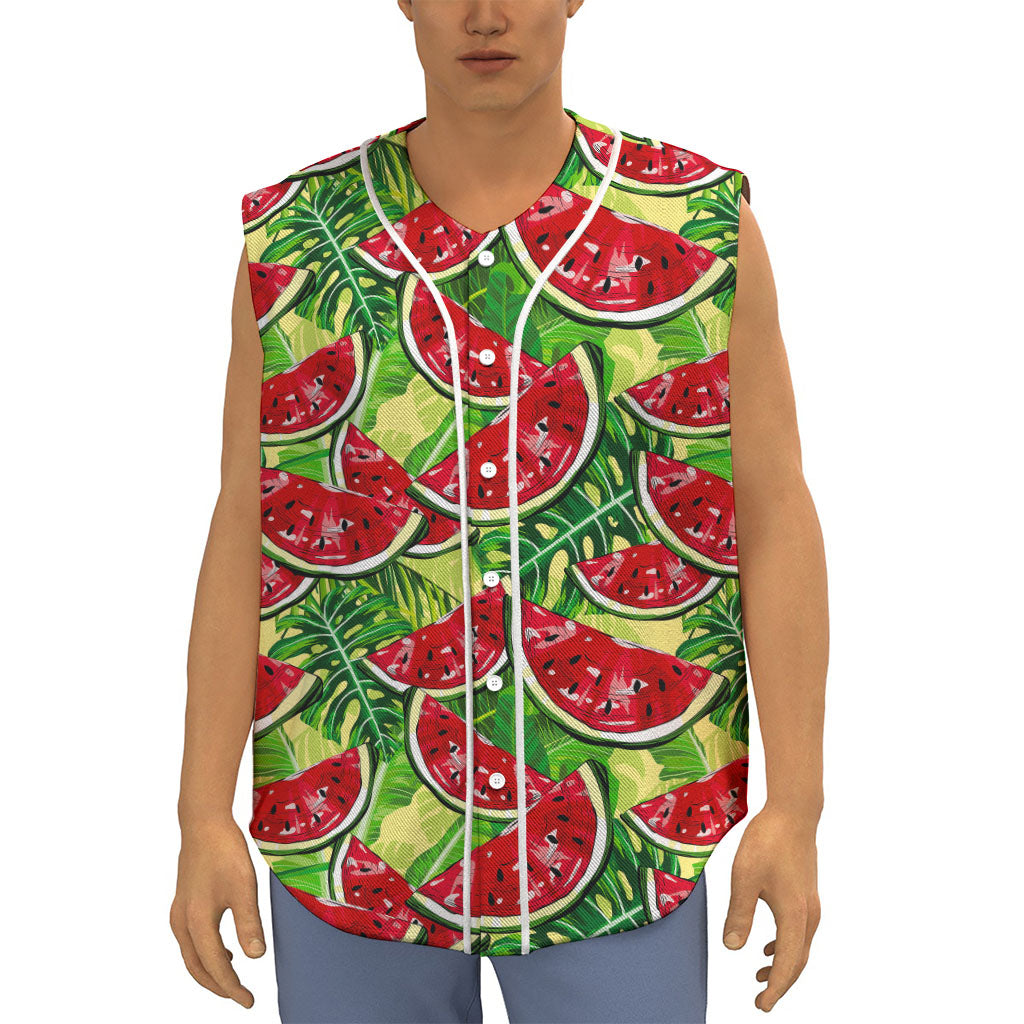 Tropical Leaves Watermelon Pattern Print Sleeveless Baseball Jersey