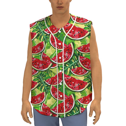 Tropical Leaves Watermelon Pattern Print Sleeveless Baseball Jersey