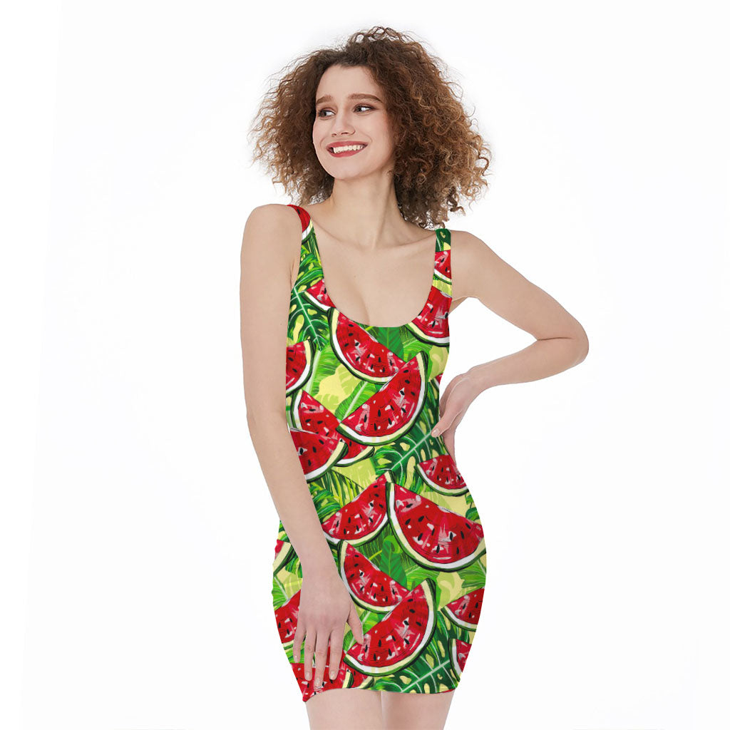Tropical Leaves Watermelon Pattern Print Sleeveless Bodycon Dress