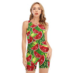Tropical Leaves Watermelon Pattern Print Sleeveless One Piece Swimsuit