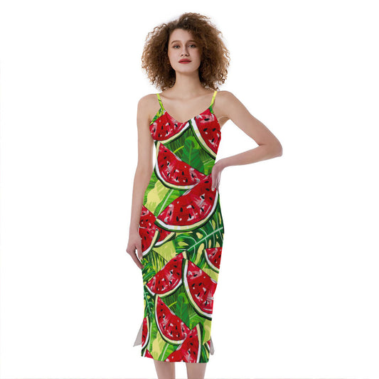 Tropical Leaves Watermelon Pattern Print Slim Fit Midi Cami Dress