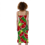 Tropical Leaves Watermelon Pattern Print Slim Fit Midi Cami Dress