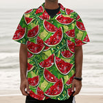 Tropical Leaves Watermelon Pattern Print Textured Short Sleeve Shirt