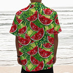 Tropical Leaves Watermelon Pattern Print Textured Short Sleeve Shirt