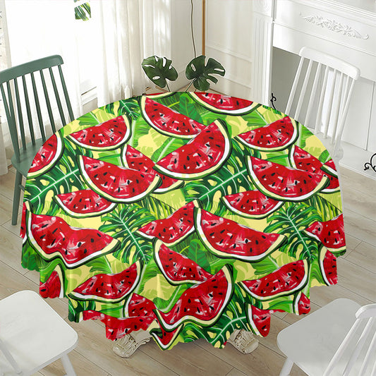 Tropical Leaves Watermelon Pattern Print Waterproof Round Tablecloth