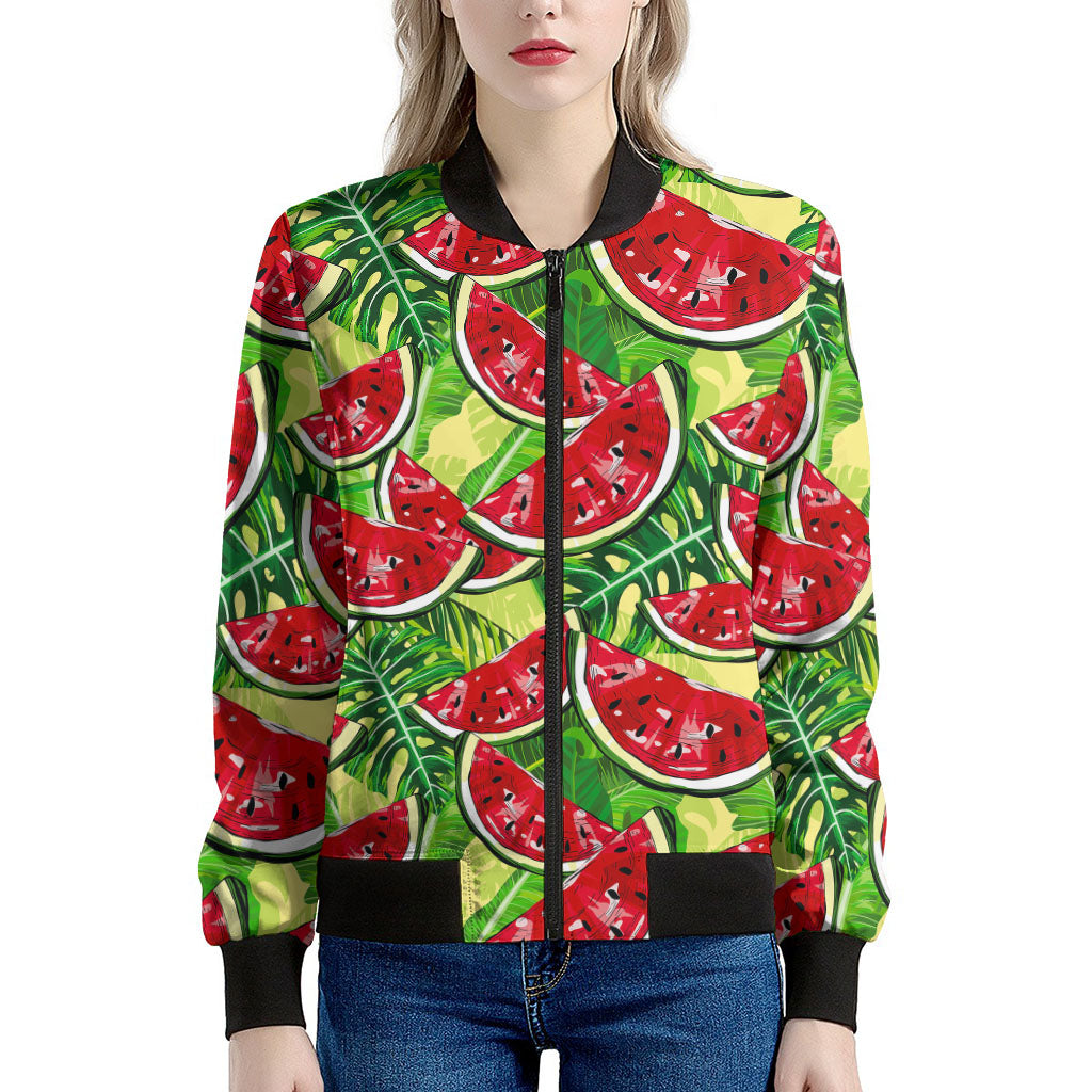 Tropical Leaves Watermelon Pattern Print Women's Bomber Jacket
