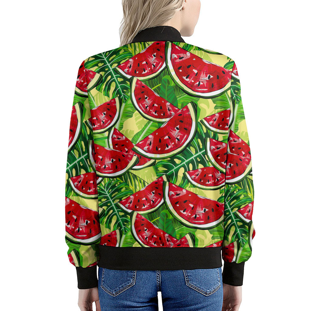 Tropical Leaves Watermelon Pattern Print Women's Bomber Jacket