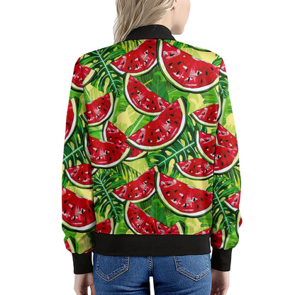 Tropical Leaves Watermelon Pattern Print Women's Bomber Jacket