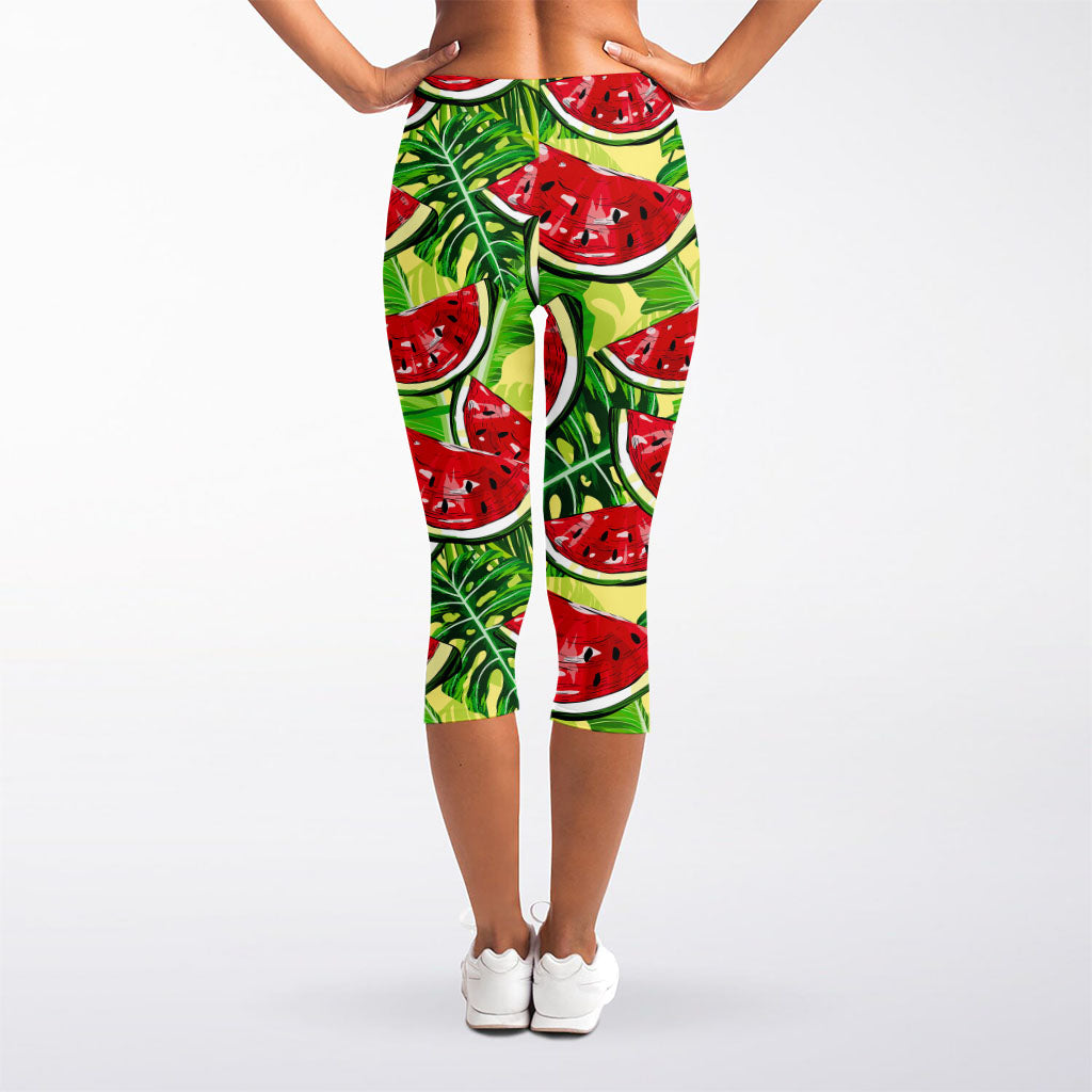Tropical Leaves Watermelon Pattern Print Women's Capri Leggings