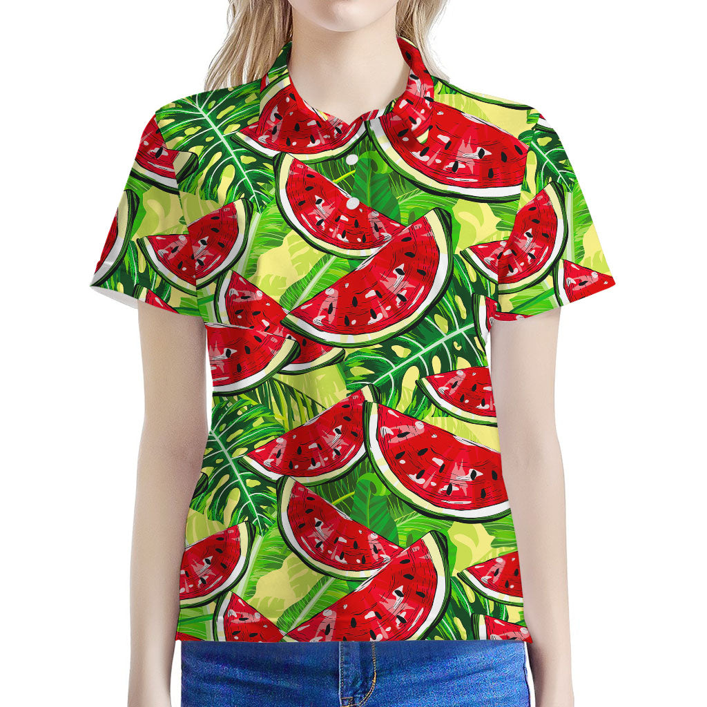 Tropical Leaves Watermelon Pattern Print Women's Polo Shirt